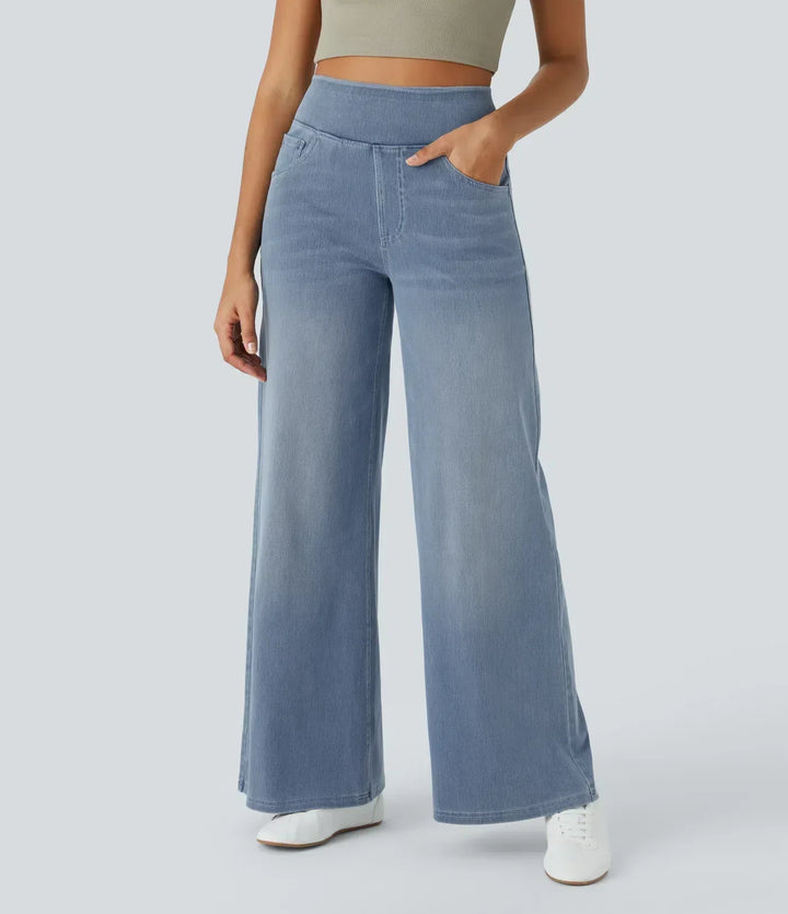 Stijlvolle donkerblauwe broek met hoge taille voor dames, elastische stretch, comfortabele pasvorm, perfect voor dagelijks gebruik.