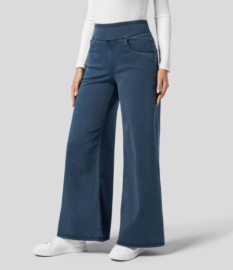 Stijlvolle donkerblauwe broek met hoge taille voor dames, elastische stretch, comfortabele pasvorm, perfect voor dagelijks gebruik.