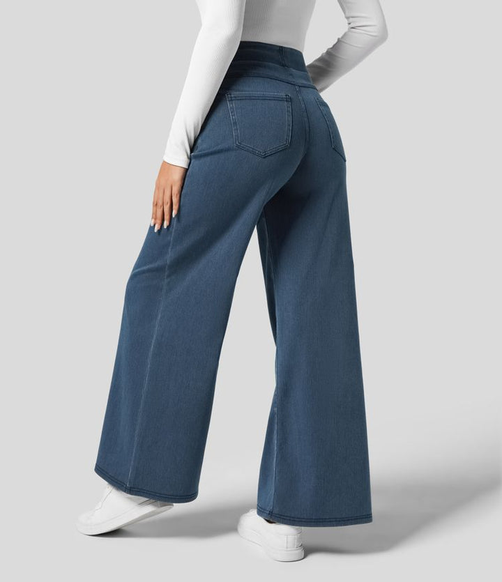 Stijlvolle donkerblauwe broek met hoge taille voor dames, elastische stretch, comfortabele pasvorm, perfect voor dagelijks gebruik.
