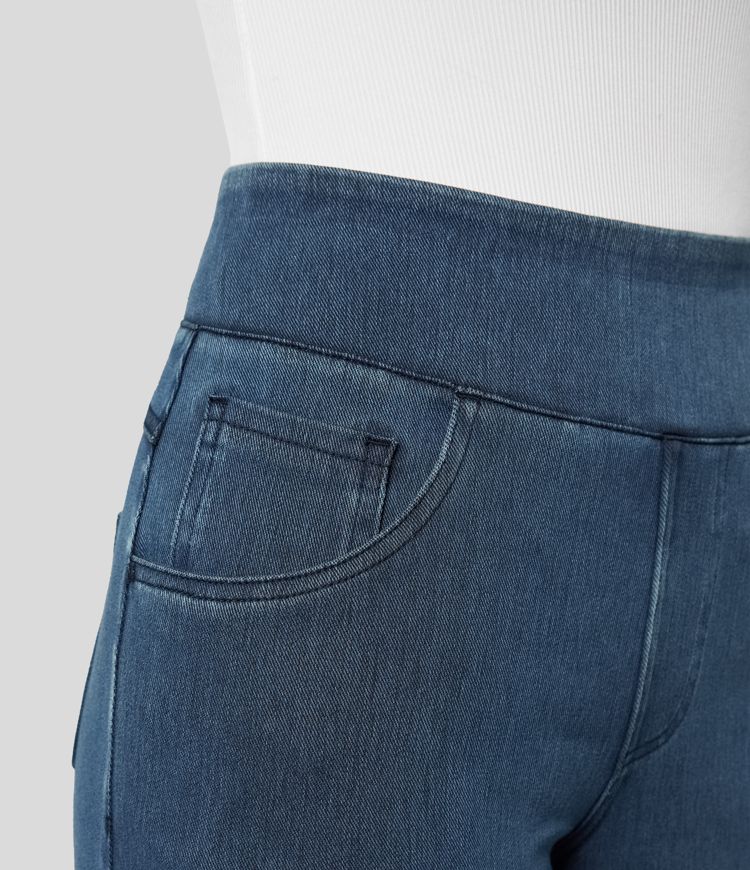 Stijlvolle donkerblauwe broek met hoge taille voor dames, elastische stretch, comfortabele pasvorm, perfect voor dagelijks gebruik.