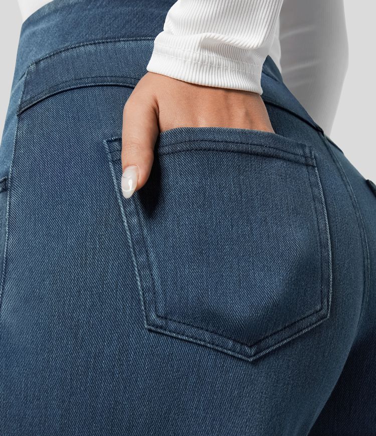 Stijlvolle donkerblauwe broek met hoge taille voor dames, elastische stretch, comfortabele pasvorm, perfect voor dagelijks gebruik.
