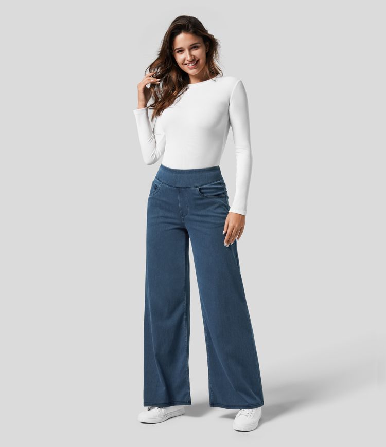 Stijlvolle donkerblauwe broek met hoge taille voor dames, elastische stretch, comfortabele pasvorm, perfect voor dagelijks gebruik.