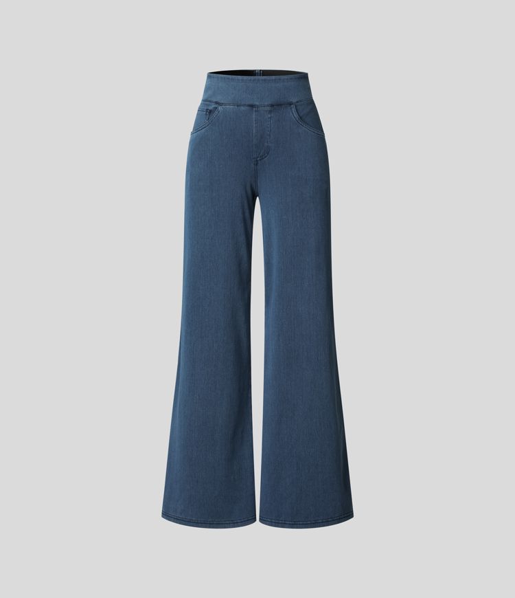 Stijlvolle donkerblauwe broek met hoge taille voor dames, elastische stretch, comfortabele pasvorm, perfect voor dagelijks gebruik.