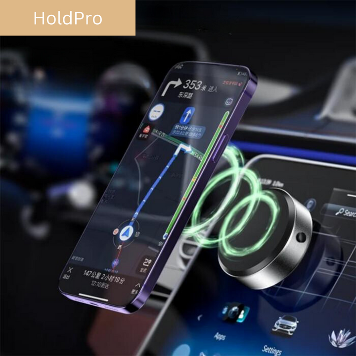 HoldPro supersterke magnetische telefoonhouder voor auto dashboard, veilige grip en stabiliteit, 360 graden draaibaar.