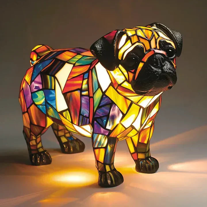 Sfeervolle handgemaakte Lumidog hondenlamp, een uniek decoratief stuk.