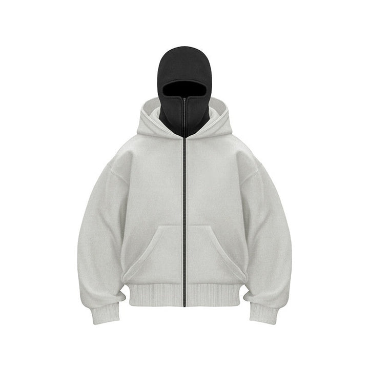 "Hoodie met ingebouwd gezichtsmasker en comfort fit, zacht grijs, ideaal voor stedelijke avonturen in herenmode."