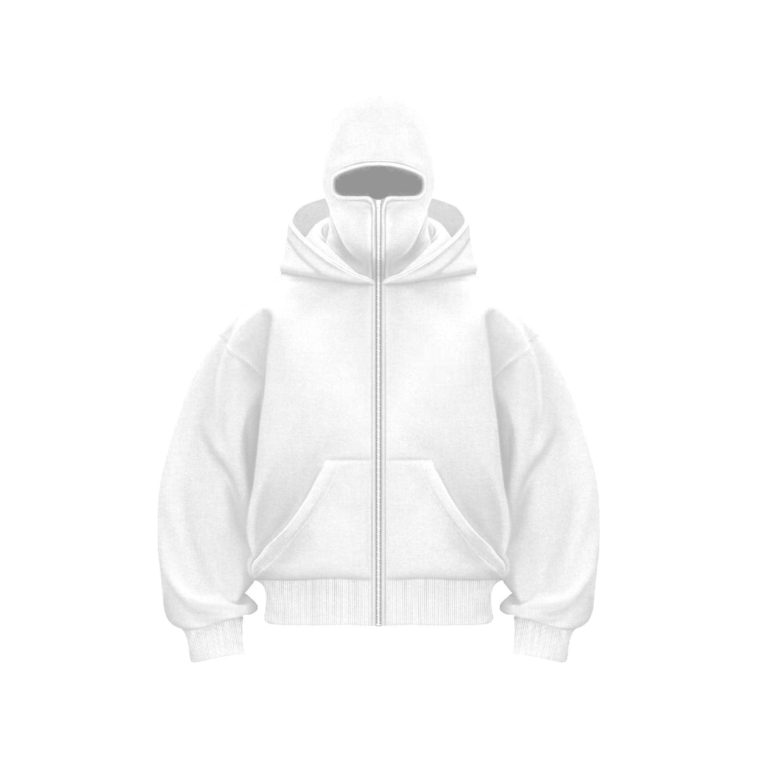 "Hoodie met ingebouwd gezichtsmasker en comfort fit, zacht grijs, ideaal voor stedelijke avonturen in herenmode."