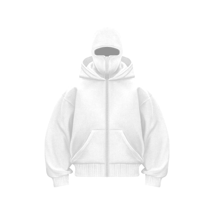 "Hoodie met ingebouwd gezichtsmasker en comfort fit, zacht grijs, ideaal voor stedelijke avonturen in herenmode."