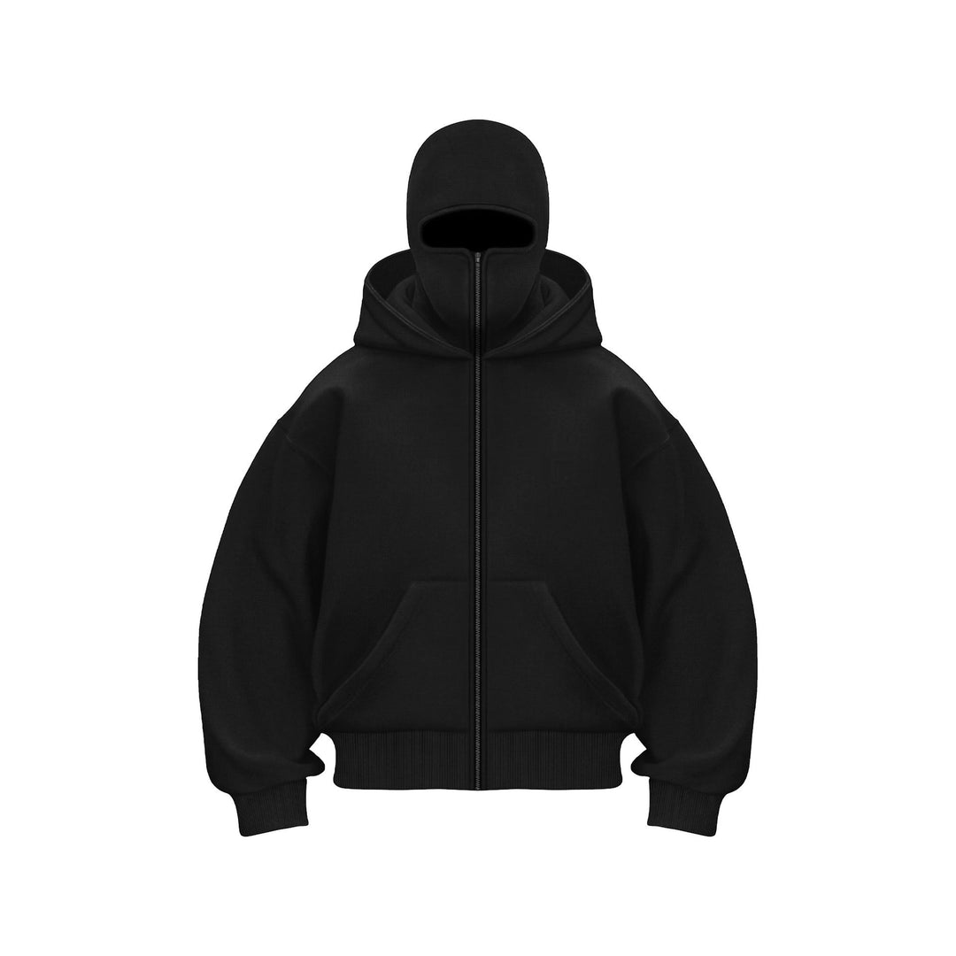 "Hoodie met ingebouwd gezichtsmasker en comfort fit, zacht grijs, ideaal voor stedelijke avonturen in herenmode."