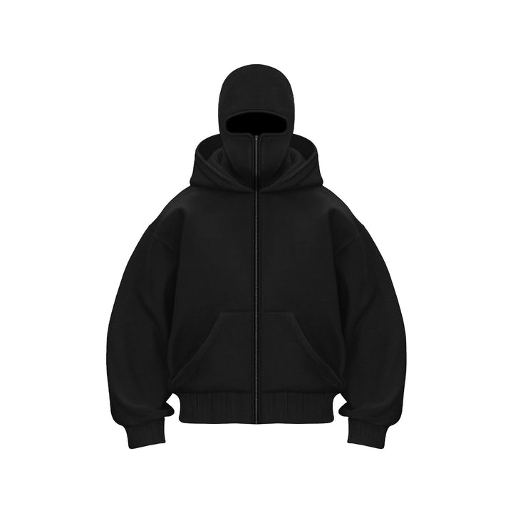 "Hoodie met ingebouwd gezichtsmasker en comfort fit, zacht grijs, ideaal voor stedelijke avonturen in herenmode."