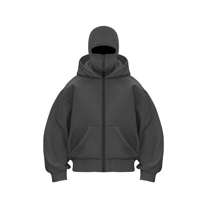 "Hoodie met ingebouwd gezichtsmasker en comfort fit, zacht grijs, ideaal voor stedelijke avonturen in herenmode."