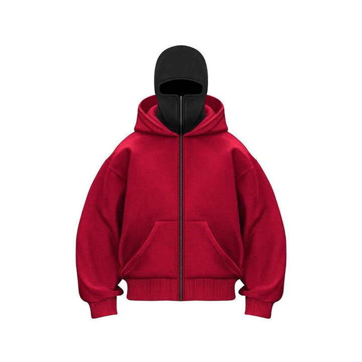 "Hoodie met ingebouwd gezichtsmasker en comfort fit, zacht grijs, ideaal voor stedelijke avonturen in herenmode."