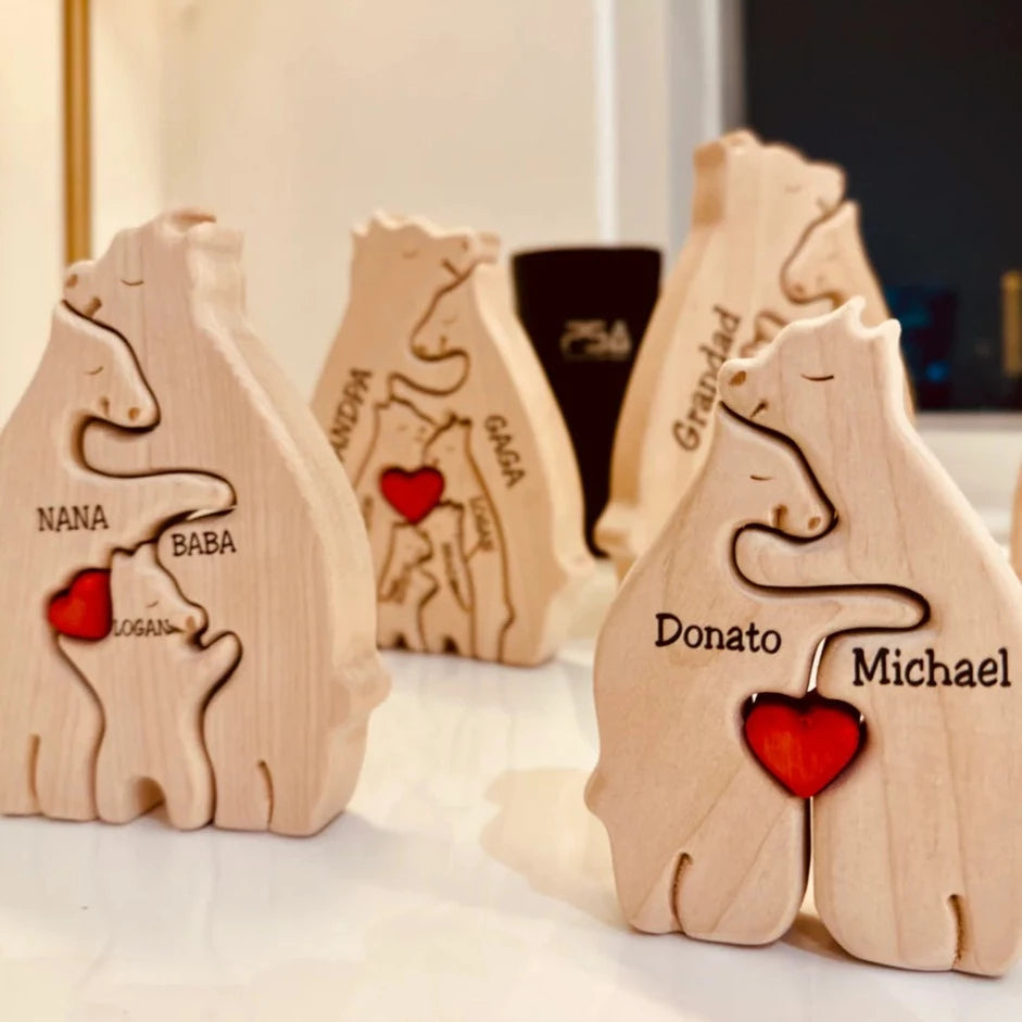 "Houten berenfamilie decoratie, handgemaakt hout, unieke huisaccessoire, natuurlijke uitstraling, personaliseerbaar"