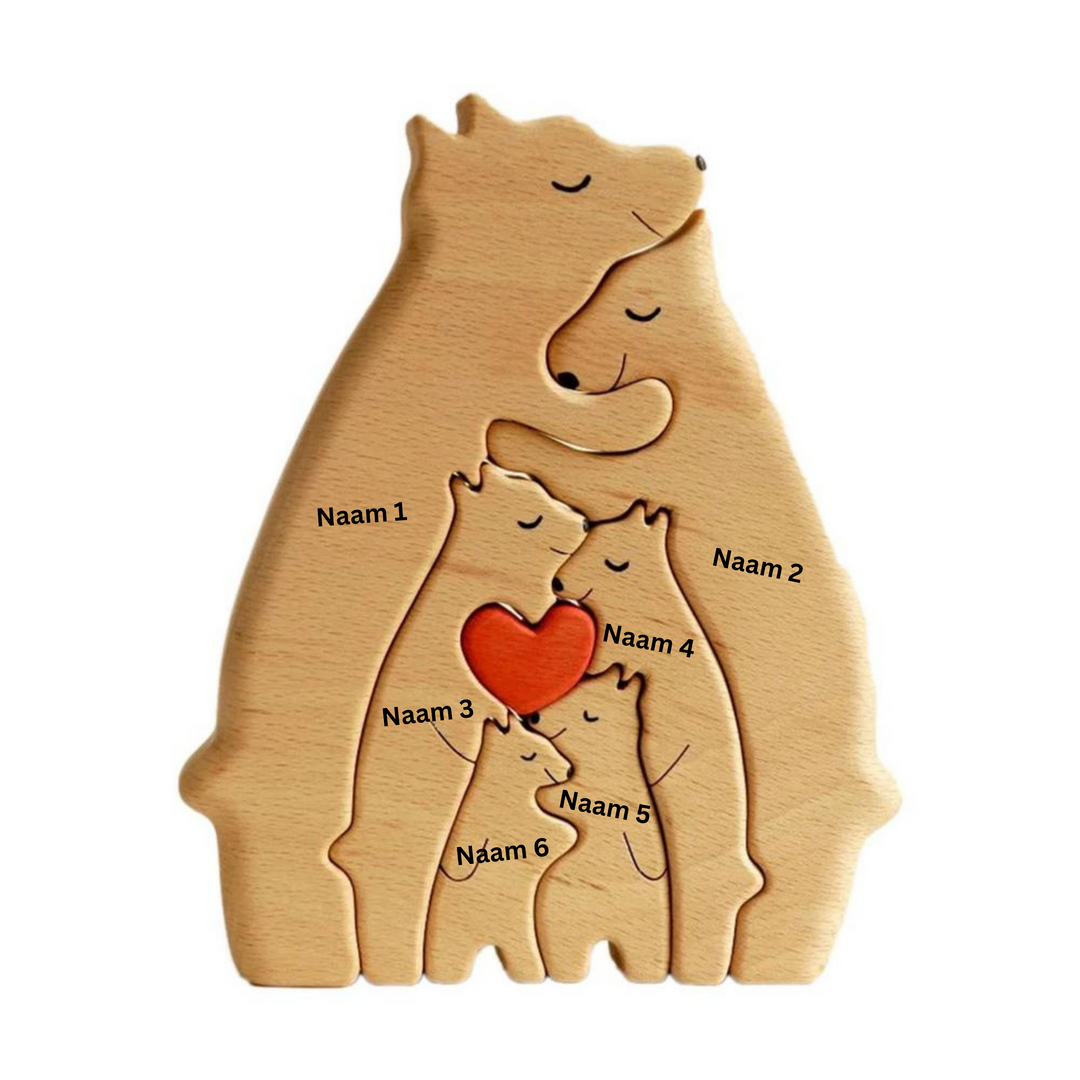 "Houten berenfamilie decoratie, handgemaakt hout, unieke huisaccessoire, natuurlijke uitstraling, personaliseerbaar"