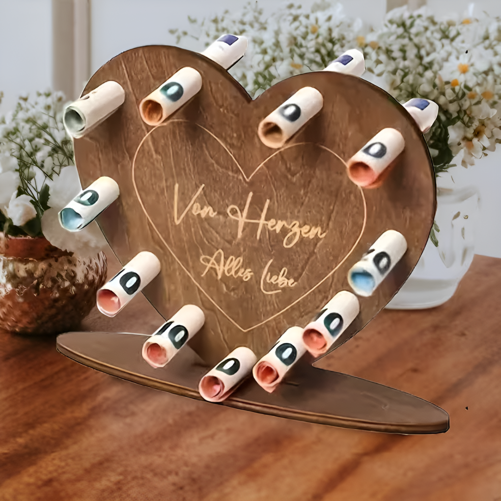 Houten hartvormige geschenkdoos voor liefdesbrieven of geld, perfect voor jubileum, bruiloft of Valentijnsdag.