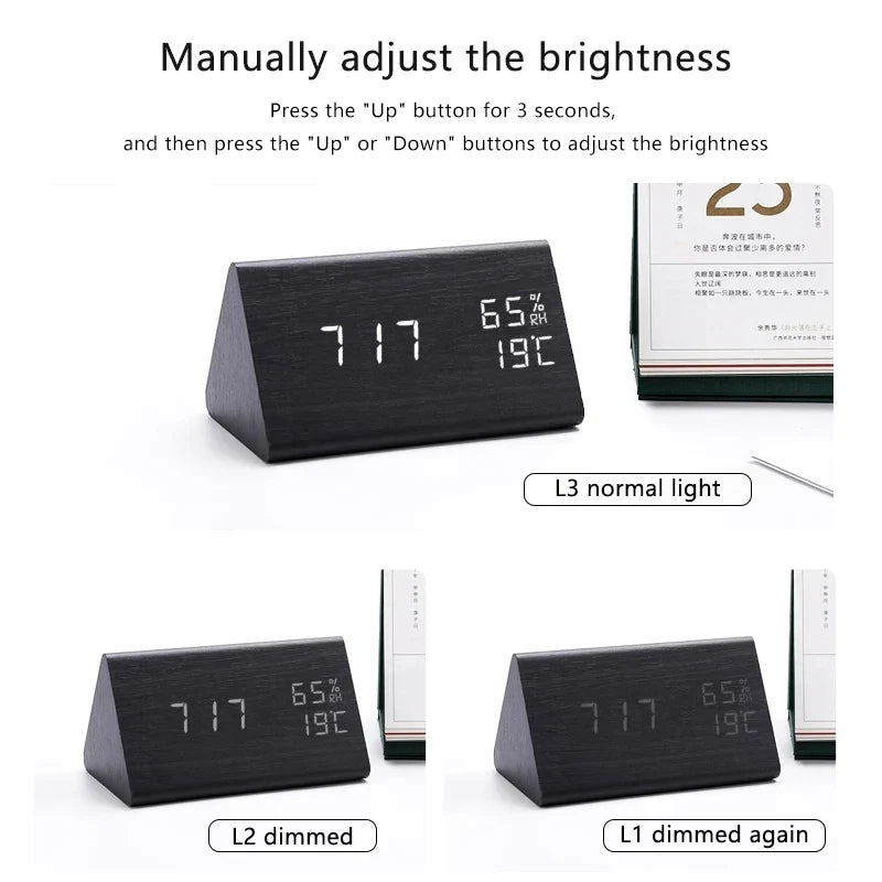 Slimme houten LED klok met spraakbesturing, temperatuur en alarm, perfect voor slaapkamers.