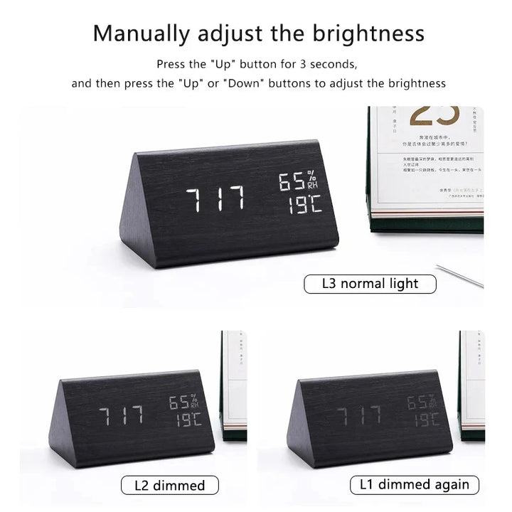 Slimme houten LED klok met spraakbesturing, temperatuur en alarm, perfect voor slaapkamers.
