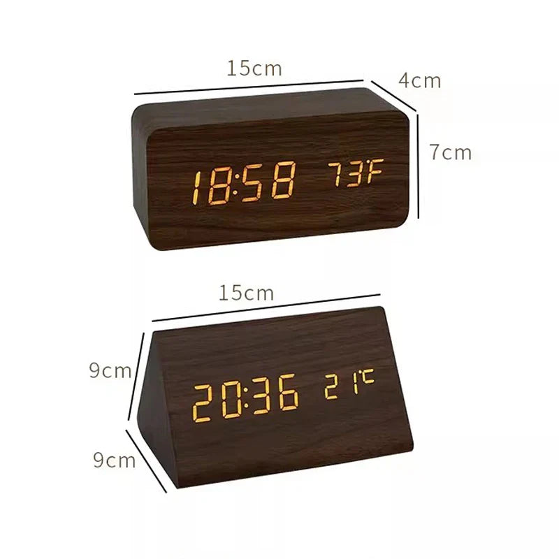 Innovatieve houten LED wekker met spraakbesturing, alarm en real-time temperatuurweergave.