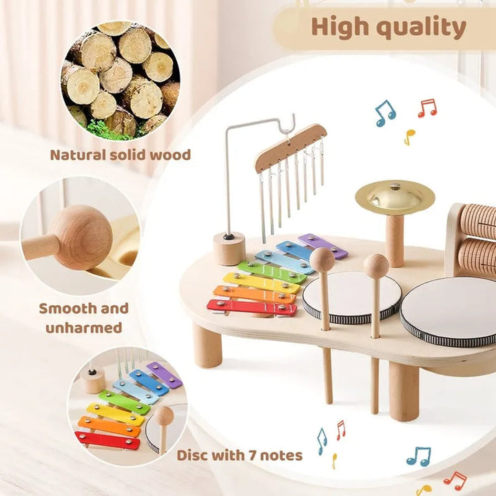 Duurzaam houten muziekstation met diverse muziekinstrumenten voor educatief speelplezier.