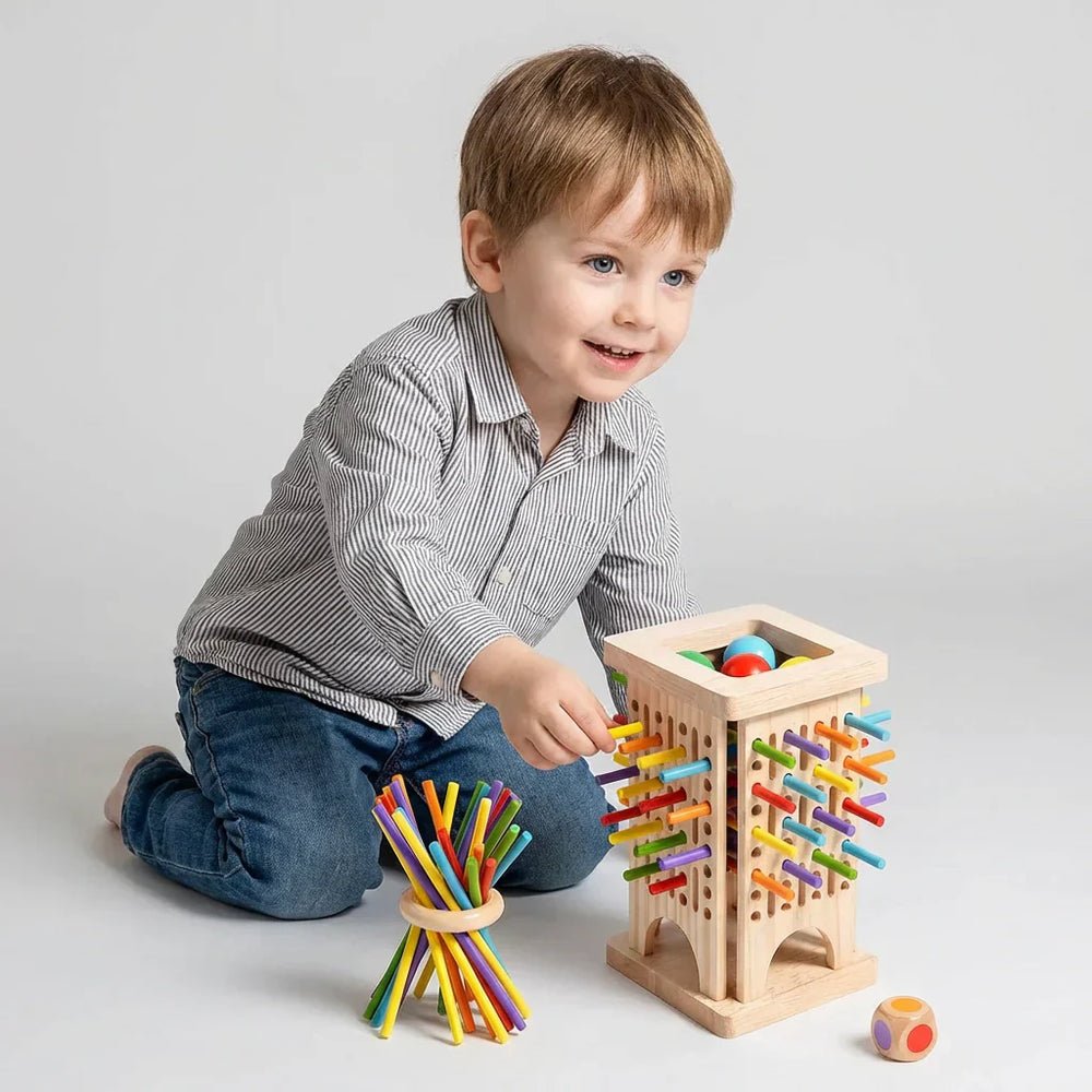 Educatief houten pinnenspel voor de familie; verbetert fijne motoriek, balans en strategisch denken bij kinderen.