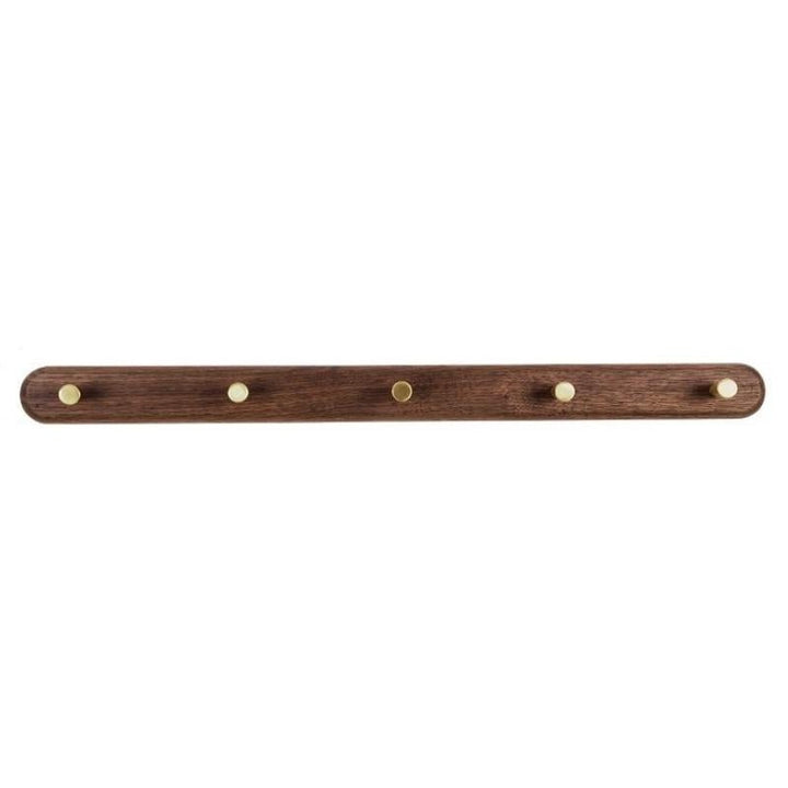 Houten opbergkapstok met messing haken, ideaal voor compacte ruimtes en een strakke look.