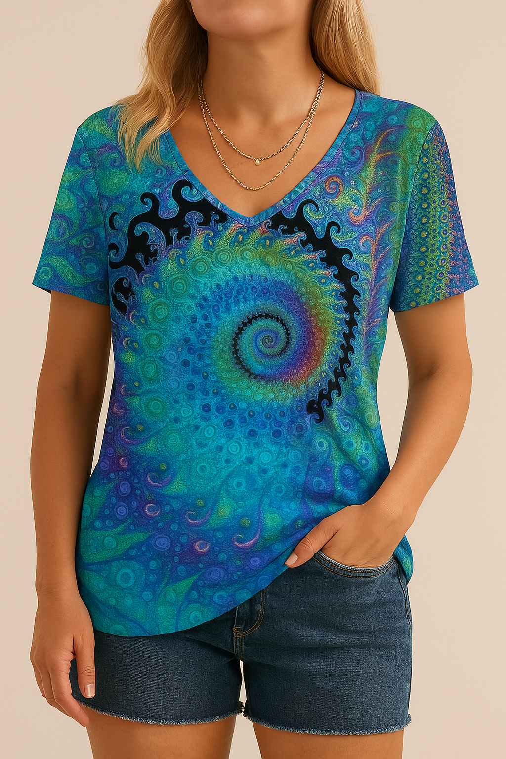 Trendy Hoymans dames retro V-hals t-shirt, perfecte casual top met korte mouwen voor stijlvolle zomerkleding.