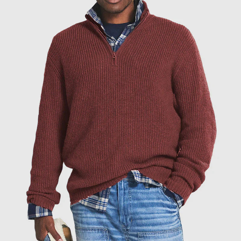 Klassieke Hoymans gebreide heren sweater van wol met stijlvolle halve rits. Perfect voor smart-casual.