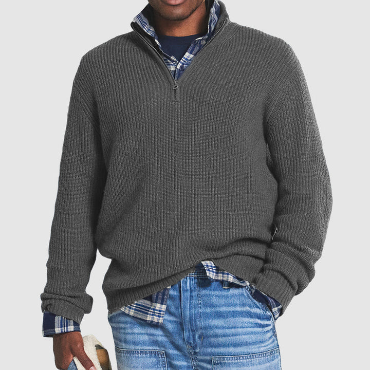Stijlvolle heren wollen trui met halve rits van Hoymans. Een comfortabele gebreide wintertrui.