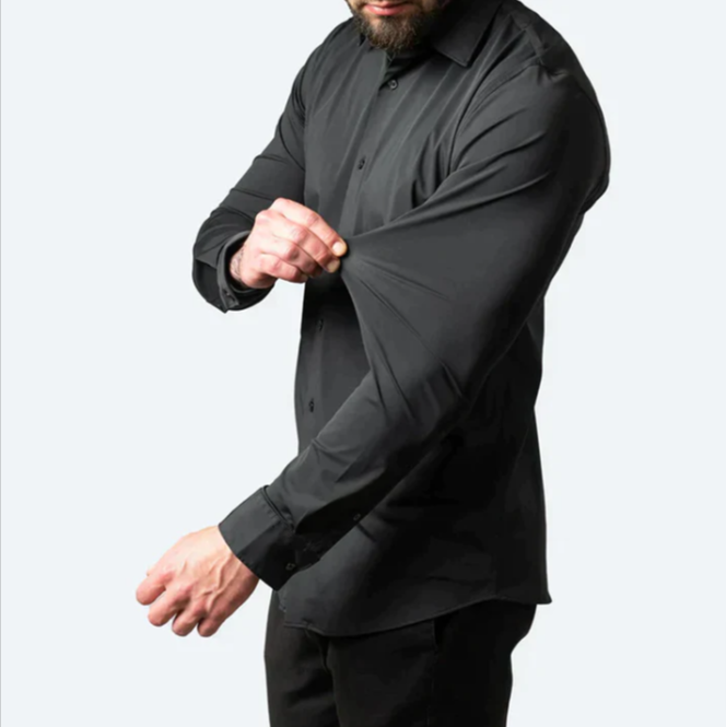 Comfortabel wit heren stretch overhemd, lange mouwen, kreukarm en gemakkelijk te combineren.