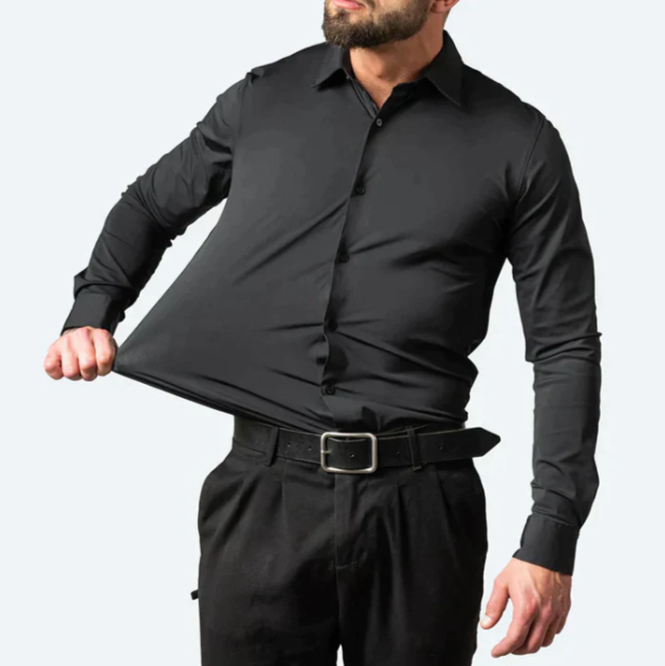 Blauw zakelijk heren stretch overhemd, lange mouwen, stijlvol en comfortabel voor professionele looks.