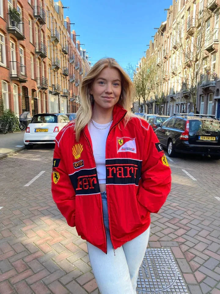 Comfortabele unisex jas in vintage autosport mode met drukknopen