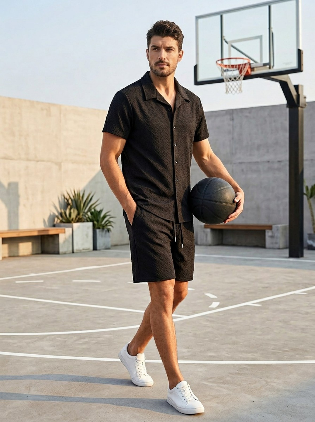 Comfortabele casual heren kledingset voor de zomer met een ademend gebreid ontwerp