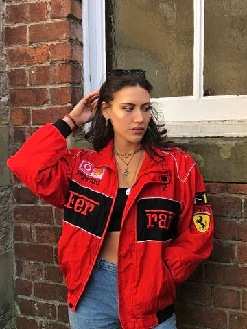 Unisex vintage stijl racejas met retro autosport patches en opstaande kraag