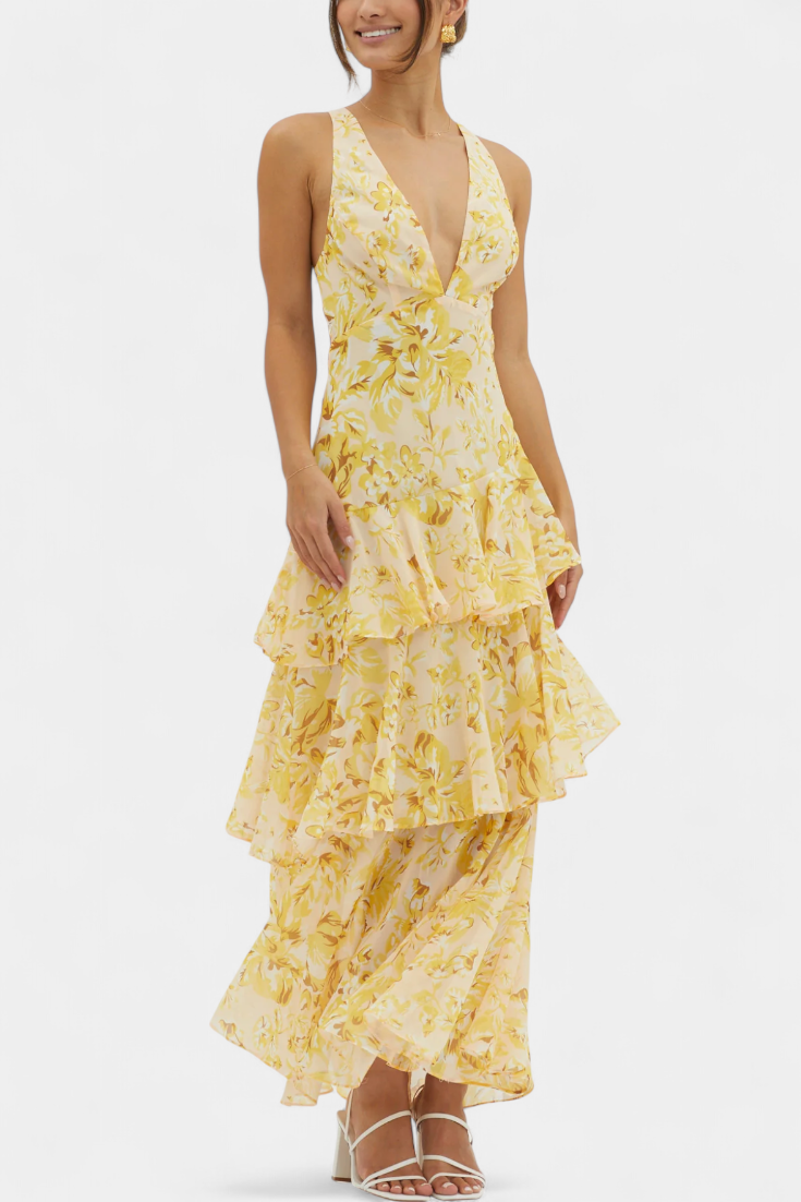 Comfortabele en elegante damesjurk in maxi lengte met laagjes