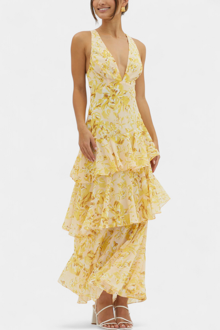 Comfortabele en elegante damesjurk in maxi lengte met laagjes