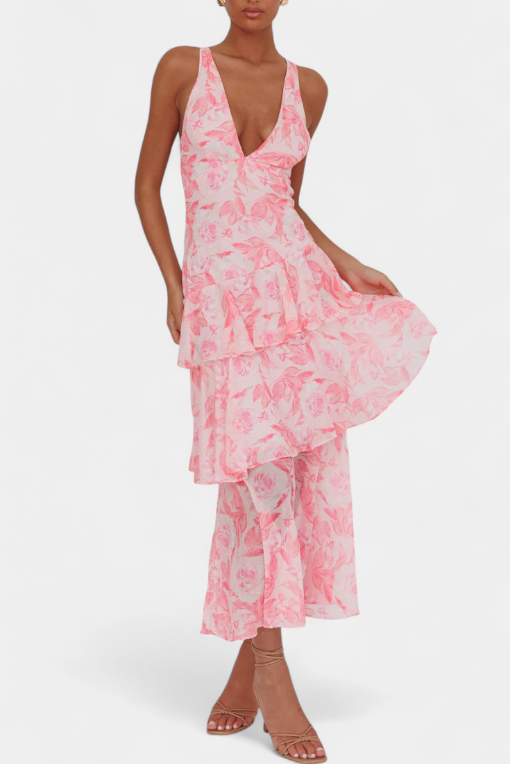 Elegante dames maxi-jurk met V-hals en stijlvolle laagjes
