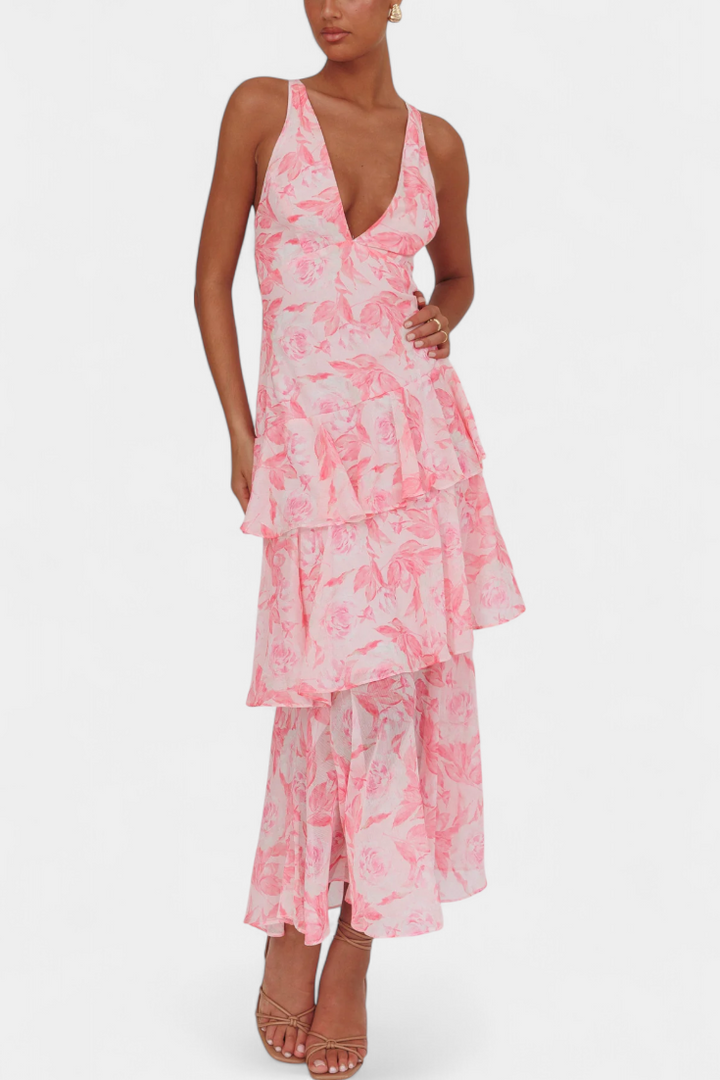 Lange zomerjurk voor dames in gelaagd design met V-hals