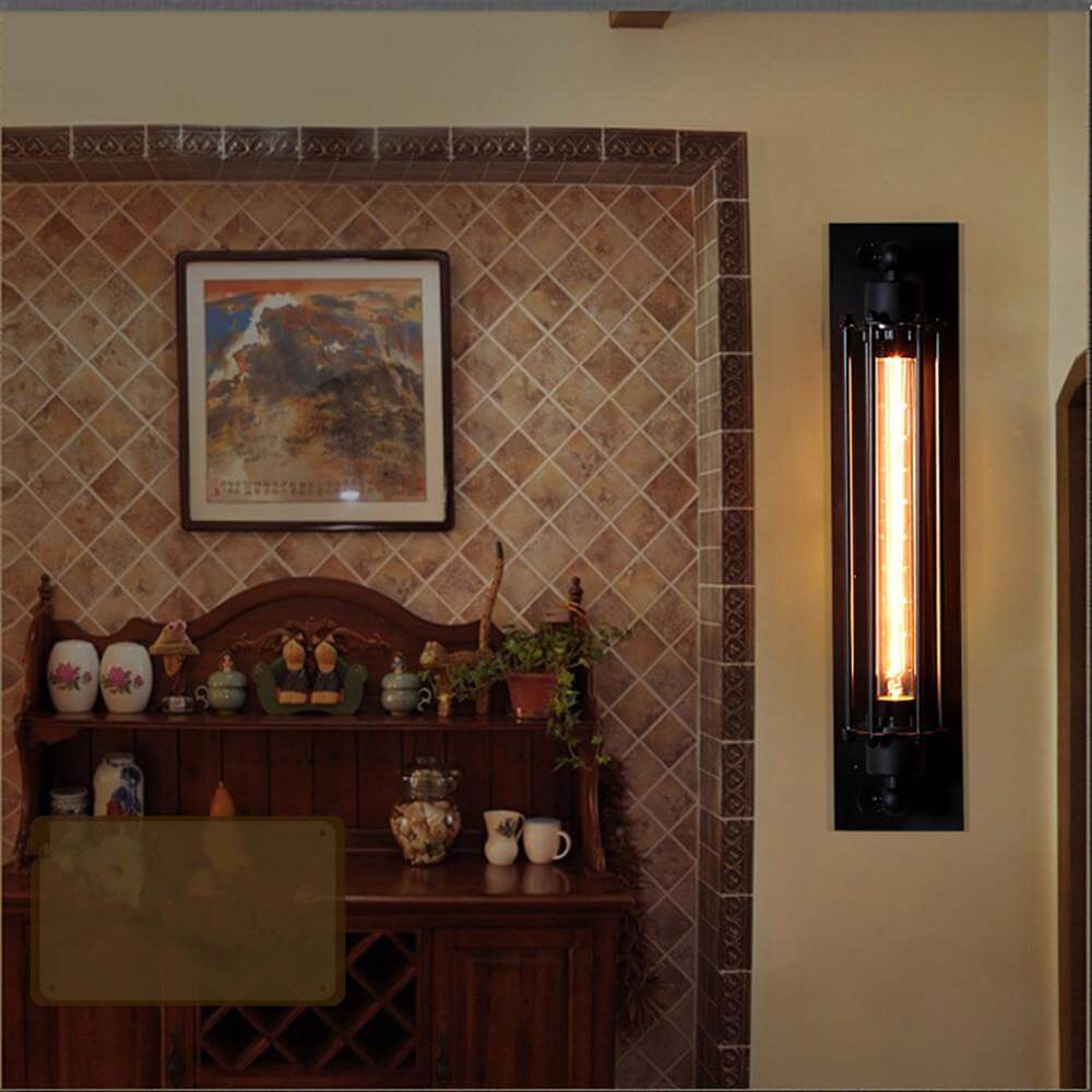 Zwart metalen industriële wandlamp E27, retro design voor een stoere en warme woonkamer.