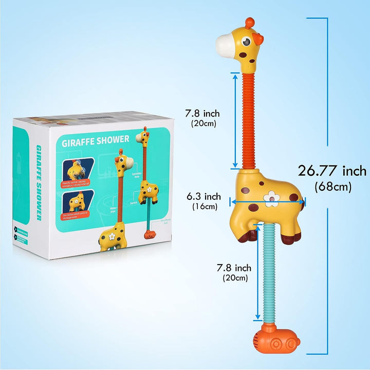 Interactief giraffe badspeeltje; kleurrijke douchekop, waterfontein en lichteffecten voor avontuurlijke badtijd bij kinderen.