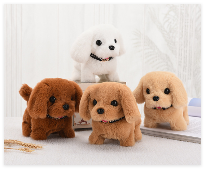 Interactieve robot hond, knuffelbaar pluche speelgoed voor kinderen. Realistische witte en bruine robot puppy.