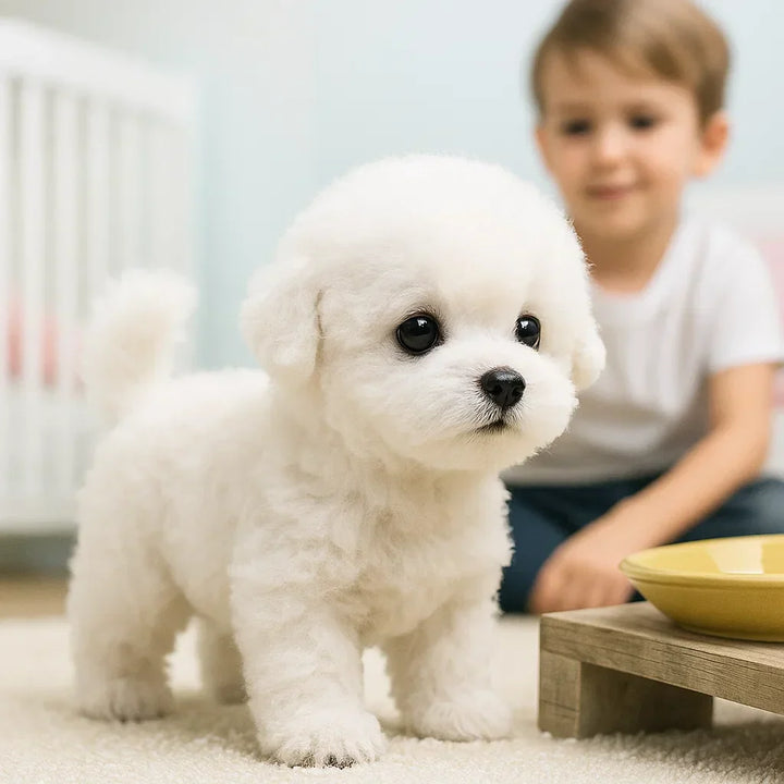 Kind lacht met interactieve robot hond. Realistisch elektronisch huisdier, wit/bruin pluche speelgoed voor kinderen.