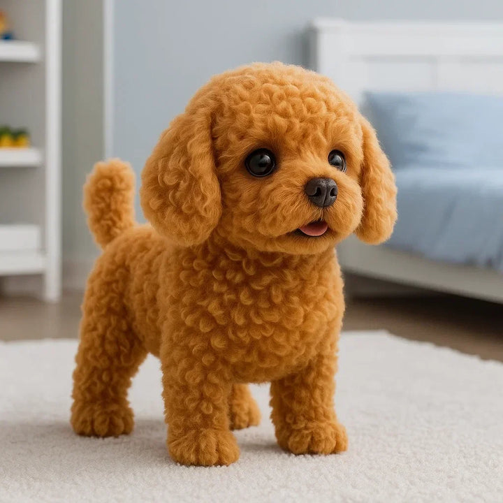 Blij kind aait interactieve robot puppy. Realistisch wit/bruin elektronisch speelgoed voor urenlang speelplezier.