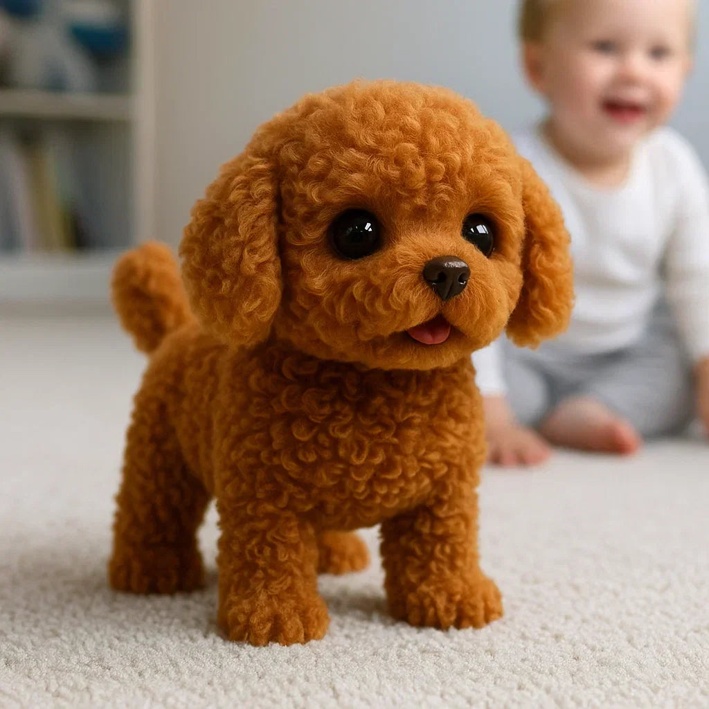 Close-up van de interactieve robot hond; knuffelbaar pluche, realistisch wit en bruin educatief kinderspeelgoed.
