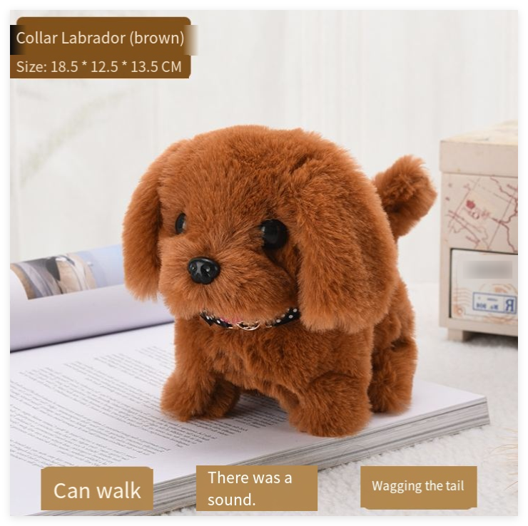 Witte en bruine interactieve robot hond, knuffelbaar pluche speelgoed en realistisch elektronisch huisdier.