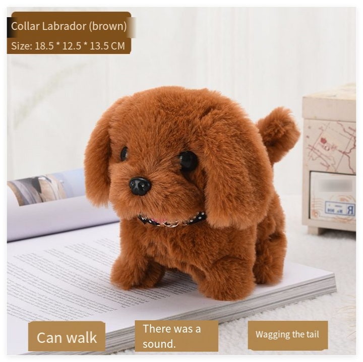 Witte en bruine interactieve robot hond, knuffelbaar pluche speelgoed en realistisch elektronisch huisdier.