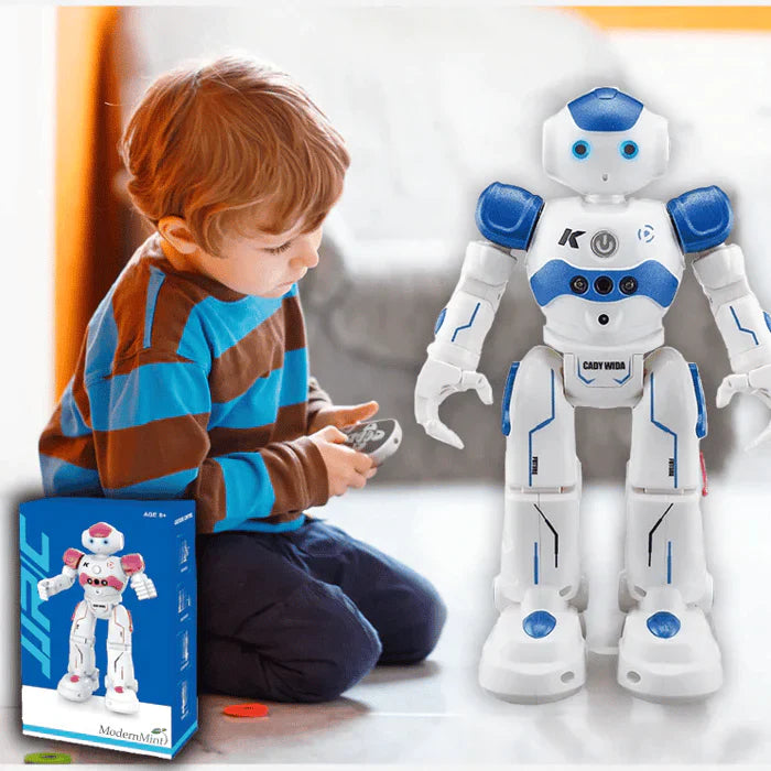 Kindvriendelijke robot met gebarencontrole, biedt interactief speelplezier en stimuleert robotica.