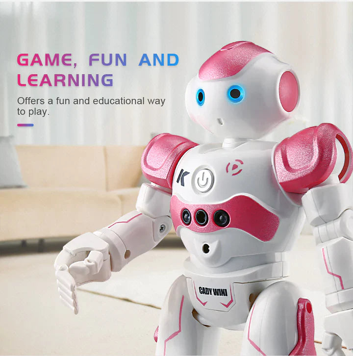 Coole robot in actie, reageert op gebaren; educatief en slim speelgoed voor jonge ontdekkers.