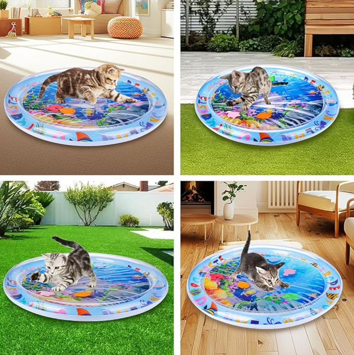 Kat speelt met SplashTail waterspeelmat. Interactief kattenspeelgoed voor urenlang zintuiglijk binnenshuis plezier.