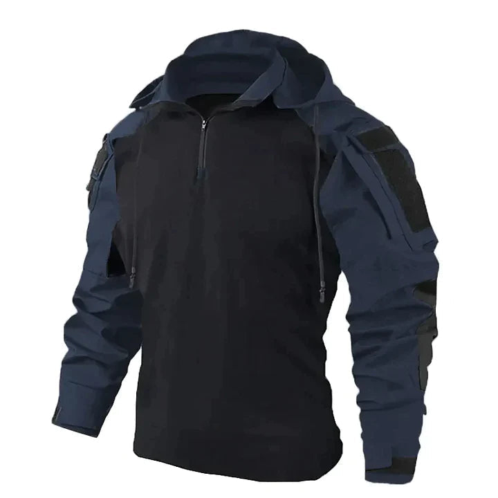Donkerblauwe tactische herenpullover met capuchon, voorzijde, halve rits en zakken op de mouwen.