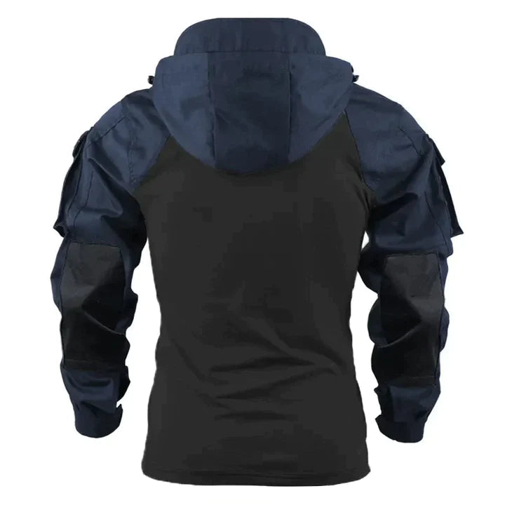 Donkerblauwe tactische herenpullover met capuchon, achterzijde, met zicht op de rug en mouwen.